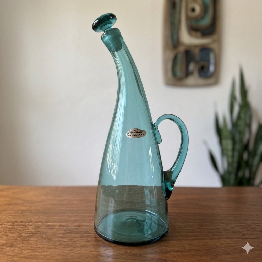 Vintage Blenko 948 Sea Green Glass Bent Neck Decanter Stopper